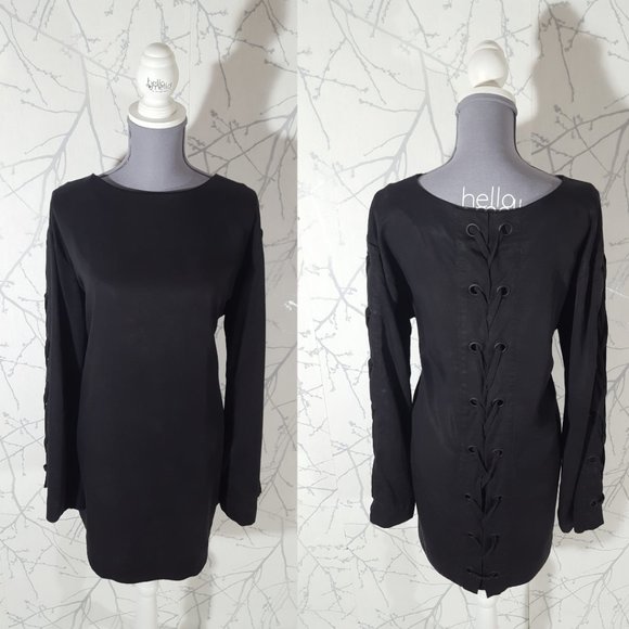 Kendall + Kylie Black Tencel Lace Up Bell Sleeve Mini Dress - Picture 2 of 4